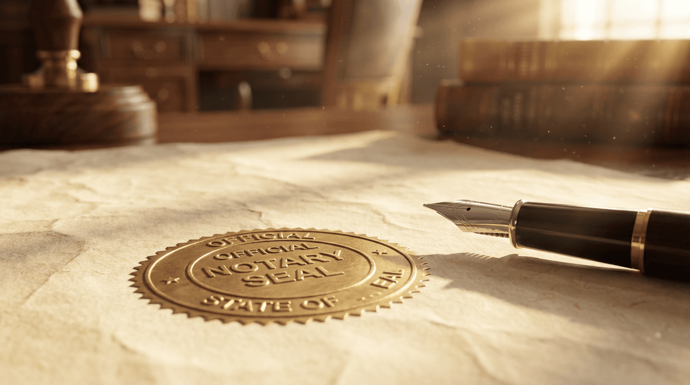 Notary stamping a document at a wooden desk in natural light