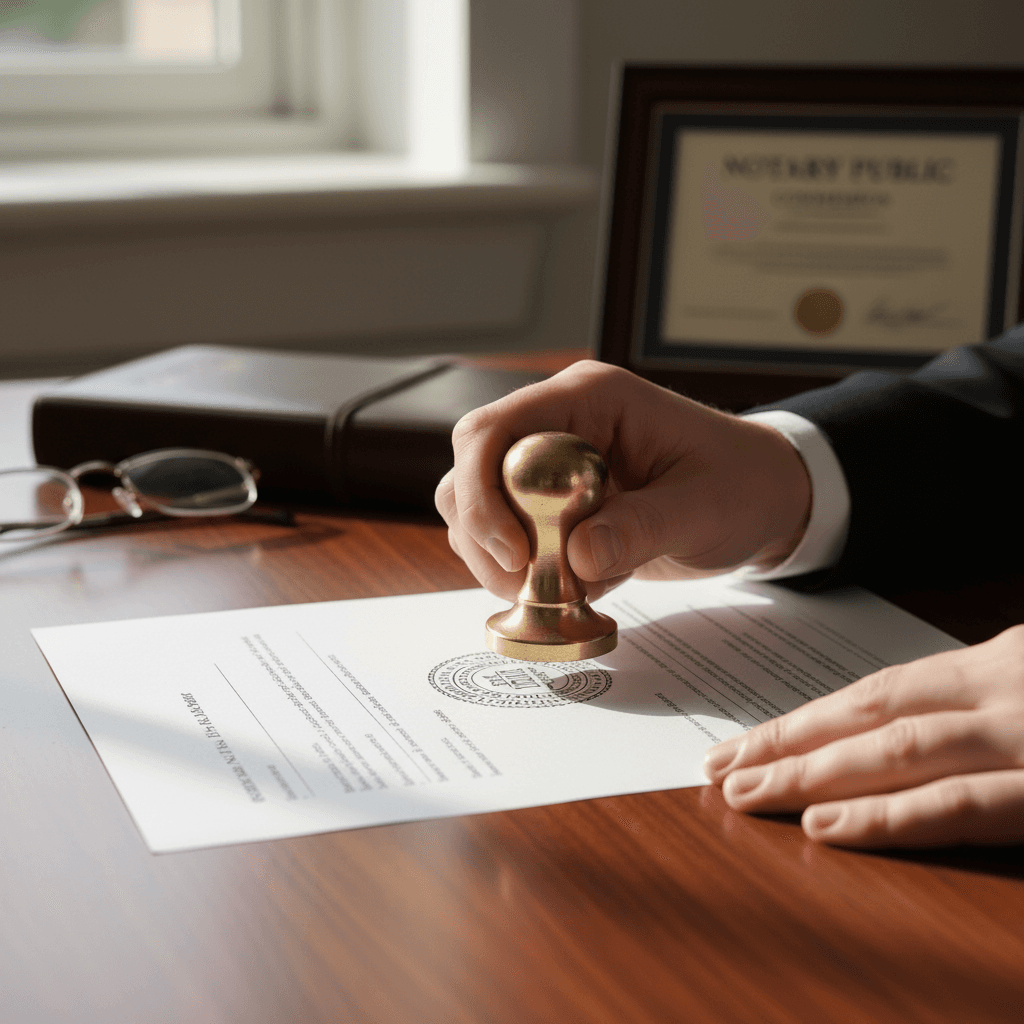 Notary stamp pressing into a document on a wooden desk near a window
