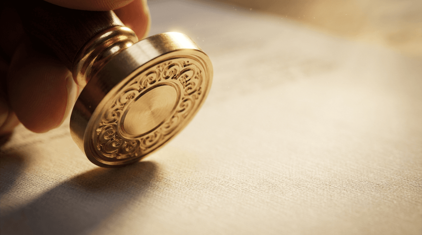 Notary stamp pressing onto paper document